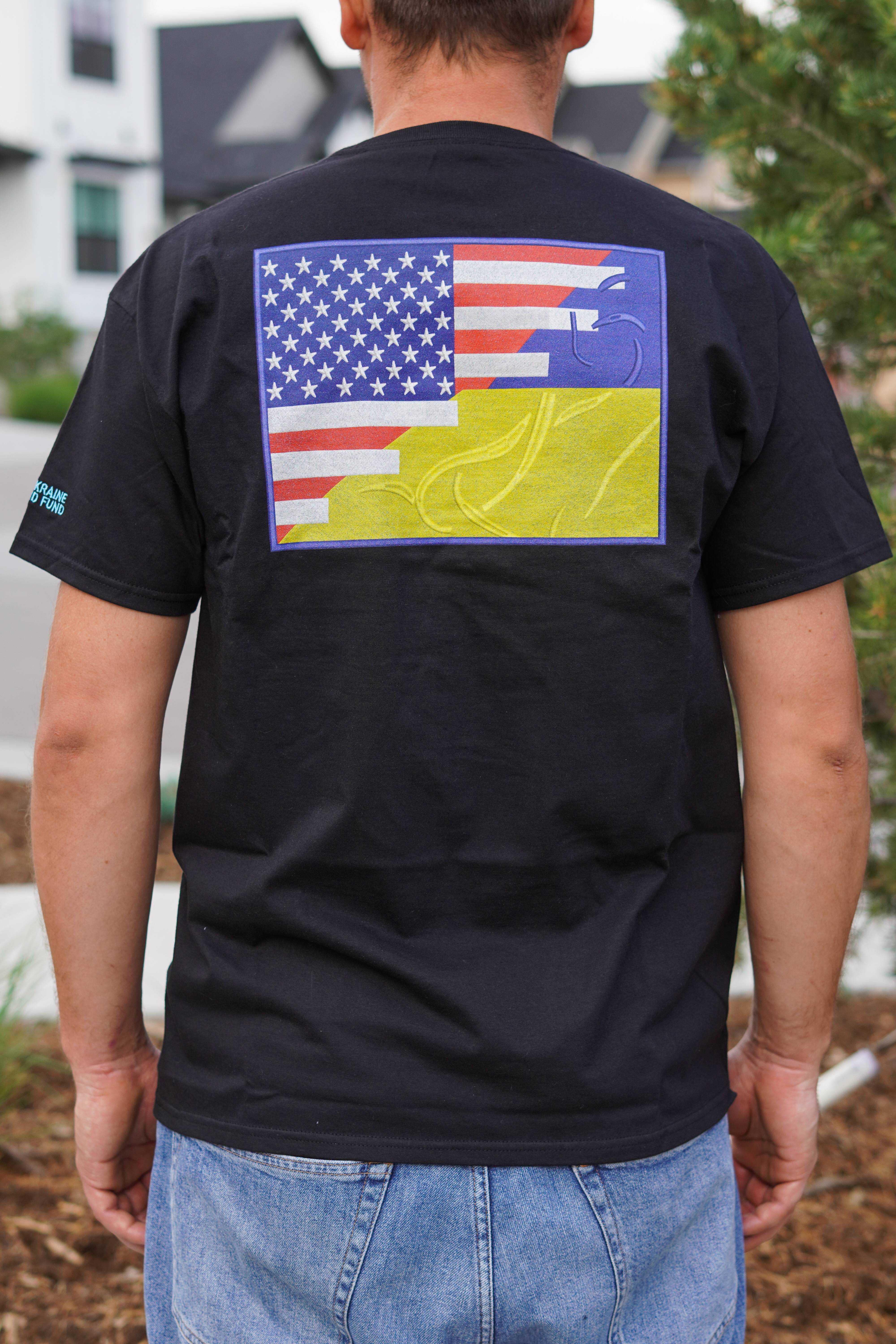 Black Men's T-Shirt "Trident & Ukraine+USA Flag"