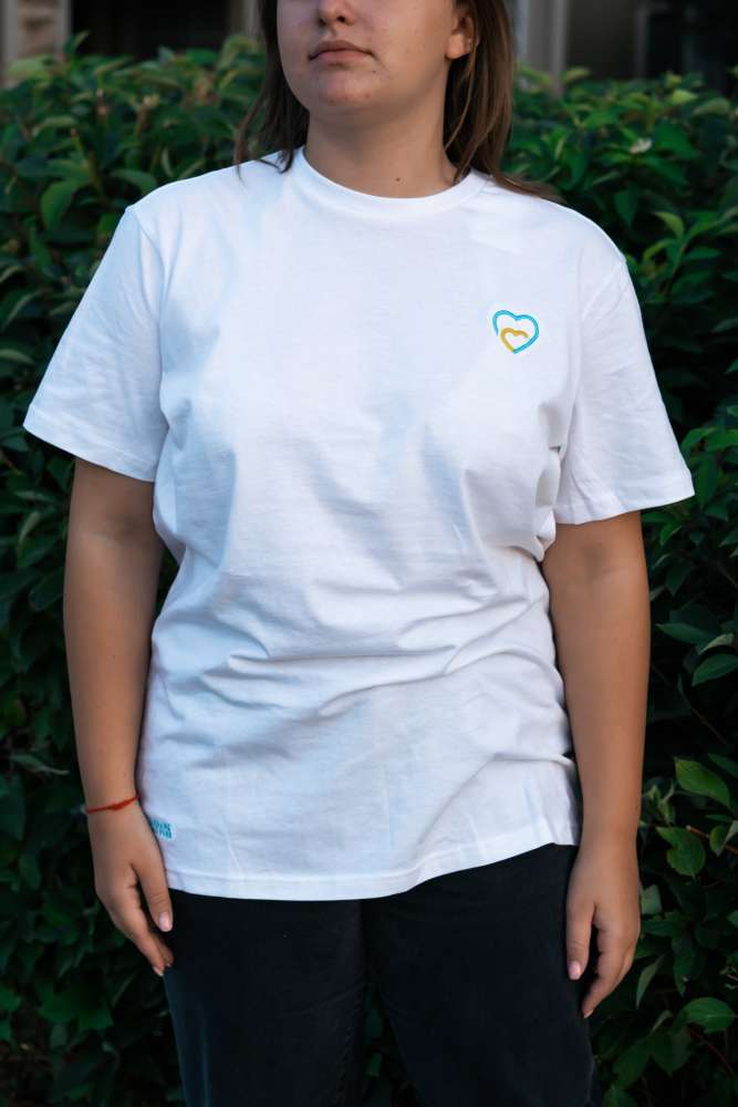 White T-shirt "Ukraine Aid Fund" with embroidered heart