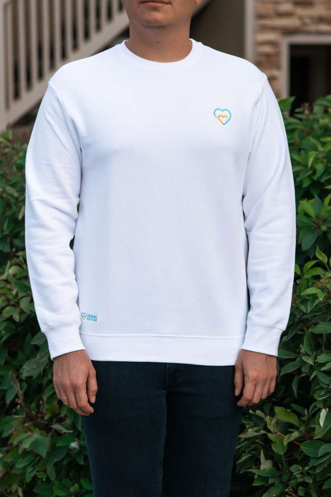 White Unisex Sweatshirt "Ukraine Aid Fund" with embroidered heart